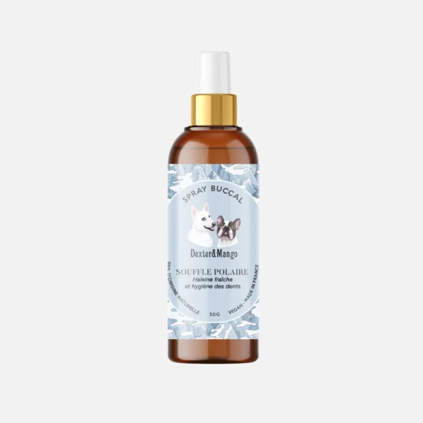 Bouteille contenant un soin bucal pour chiens, étiquette bleue avec des images de deux chiens. Marque Dexter & Mango