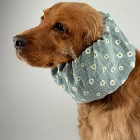 Snood en gaze de coton léger et respirant pour chien – Vert sauge à fleurs blanches