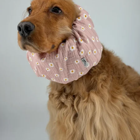 Snood en gaze de coton léger et respirant pour chien – Rose à fleurs blanches